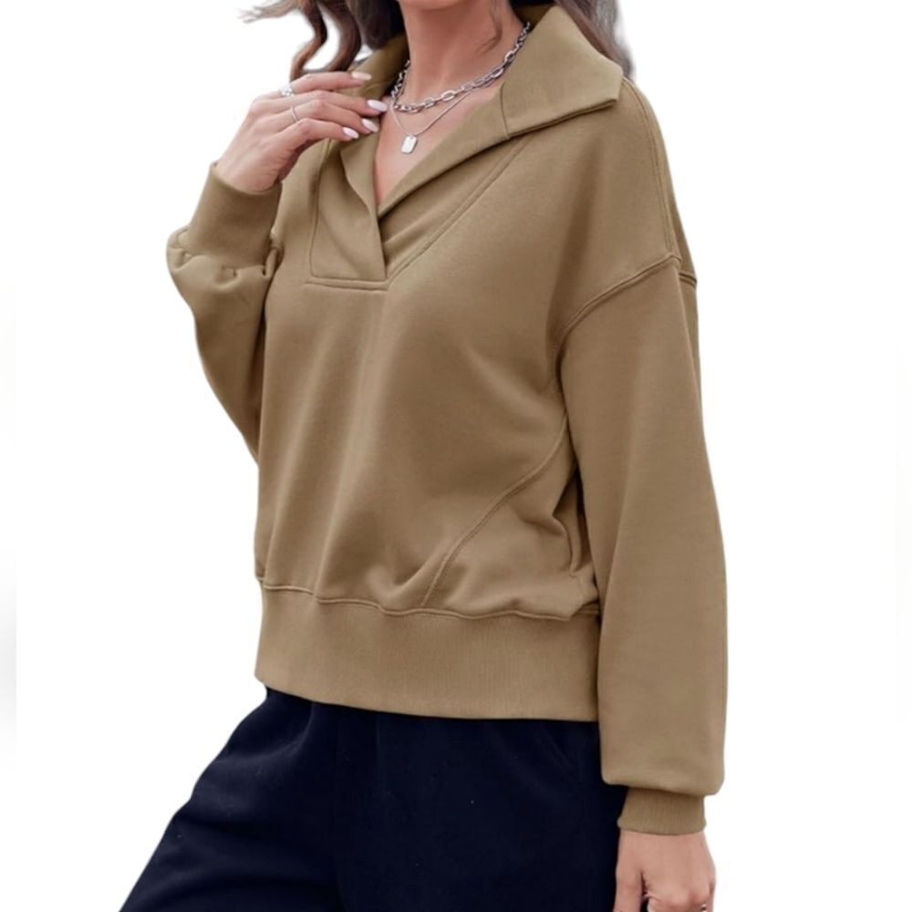 Women's Long Sleeve Sweatshirts Lapel V Neck Fall Loose Pullover XXL NWOT - Picture 3 of 5